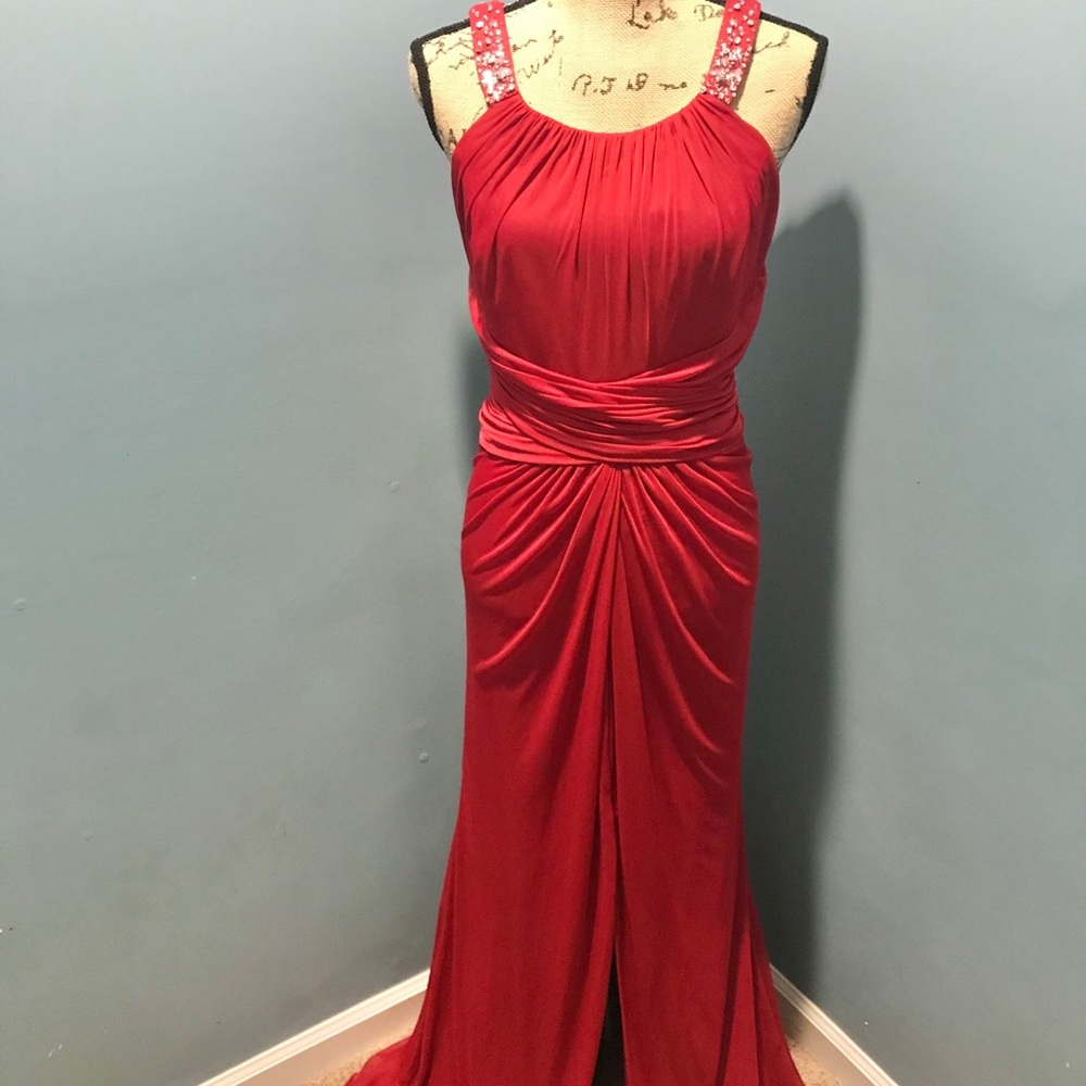 David’s Bridal bridesmaid dress in red/ Apple.